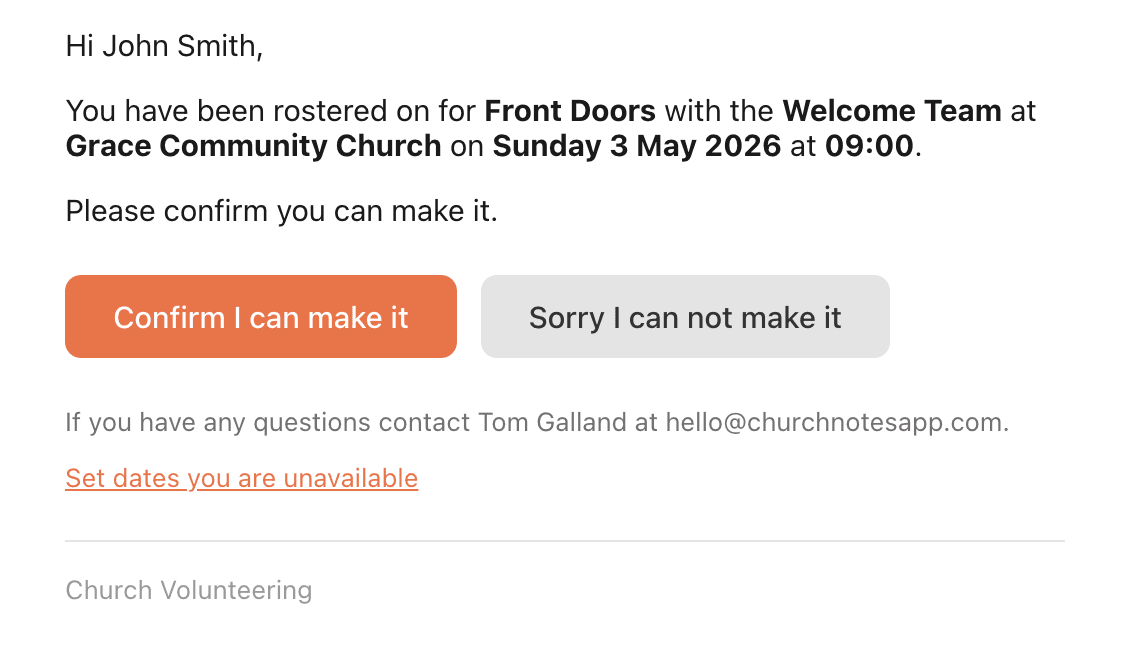 Email notification sent to a volunteer with confirm and decline buttons