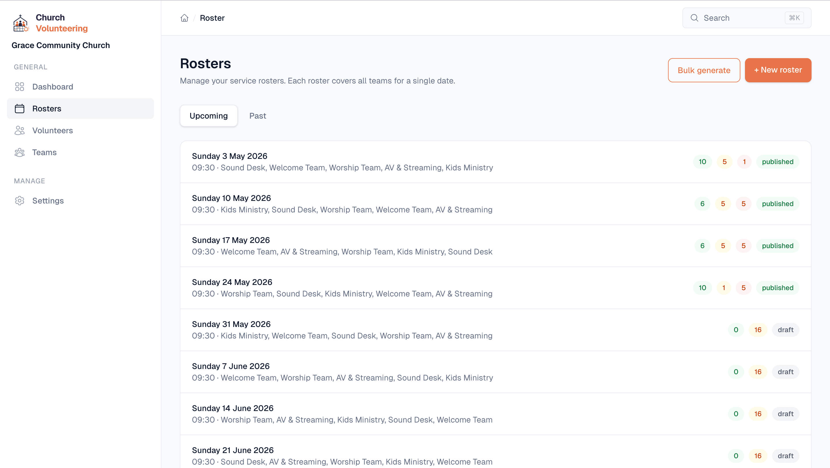 Roster builder showing volunteer assignments with confirmation status
