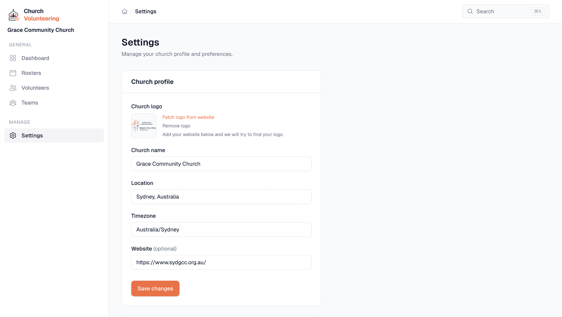 Church settings page with profile, timezone, and notification preferences