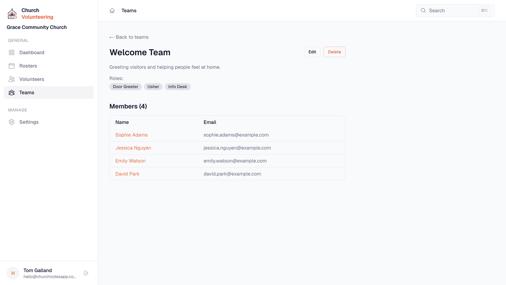 Team detail page showing team members and their roles
