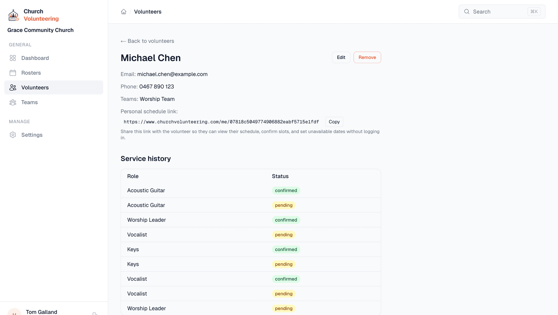 Individual volunteer profile showing service history and team memberships