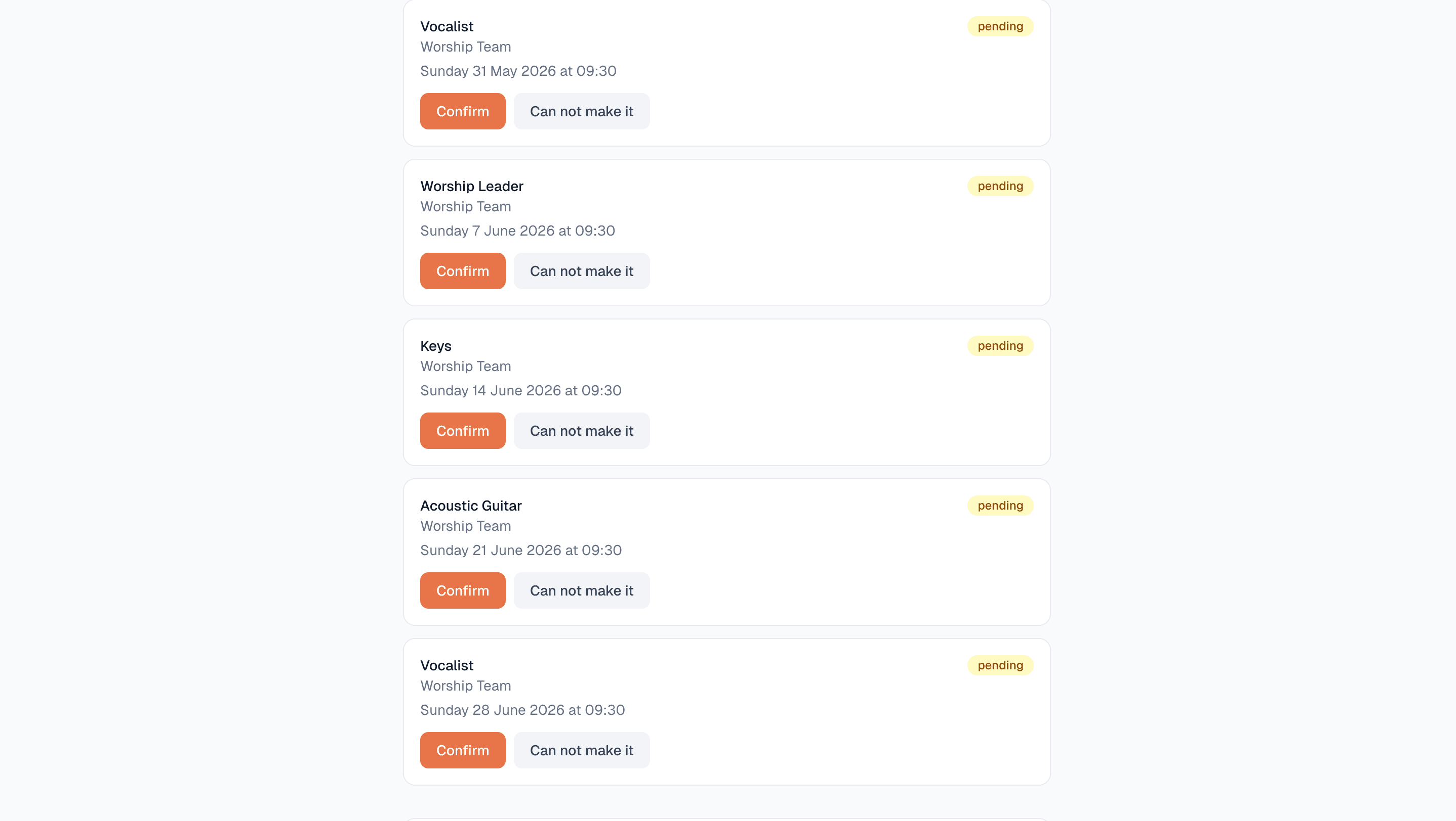 Volunteer confirmation page with one-click confirm and decline buttons