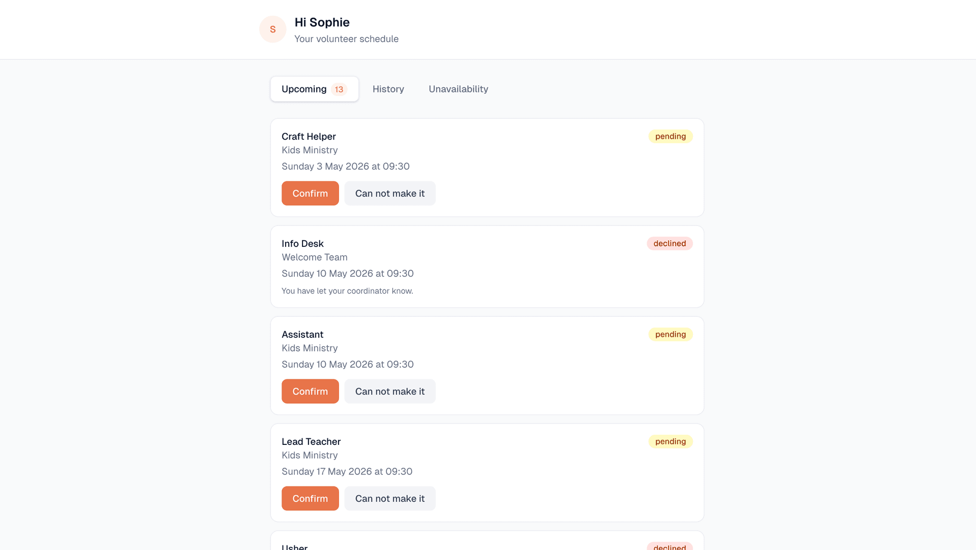 Volunteer roster page showing upcoming service dates and roles