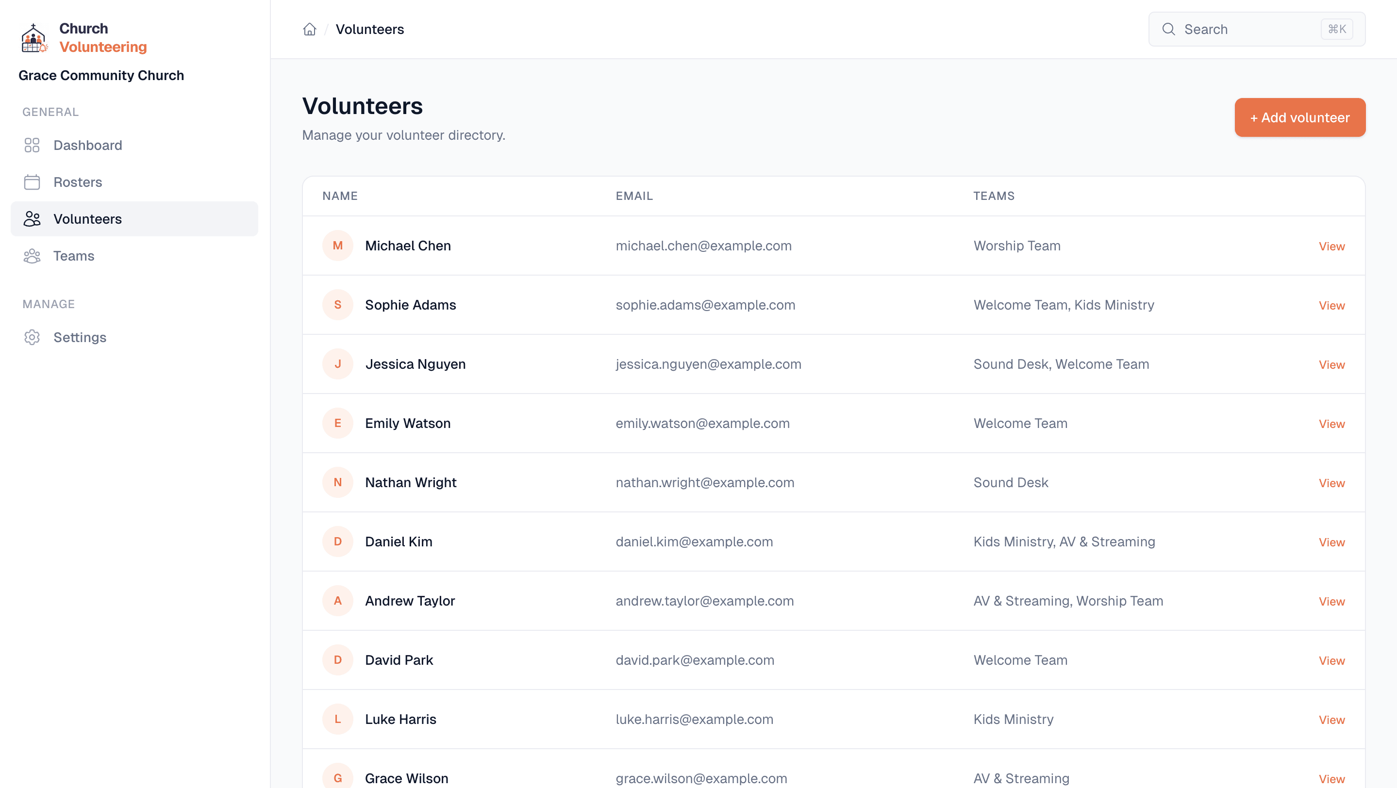 Volunteer directory with all volunteers listed